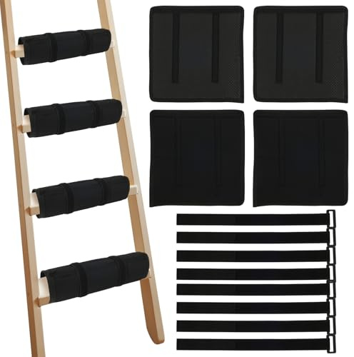 4Pcs Bunk Bed Ladder Pad, Safe Anti-Slip Ladder Protector Pads with 8 Adjustable Hook and Loop Strap, Soft Comfortable Brushed Cloth Cover for Stair Steps, 25x25cm, Ladders Not Included(Black)