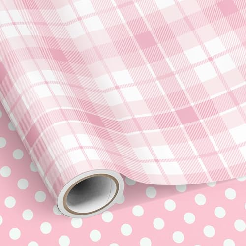 Neloheac Rotolo Carta da Regalo Quadri Rosa Reversible Pois, 43 cm x 10 m, Ideale per Compleanni di Ragazze Donne Festa della Mamma San Valentino Bridal Shower Matrimoni