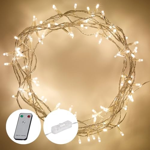 Lights4fun 8m String Lights 100 LED Warm White Fairy Lights Clear Cable with Rocker Switch Plug in Mains Powered Remote Control and Timer Indoor Bedroom Party Wedding Decoration