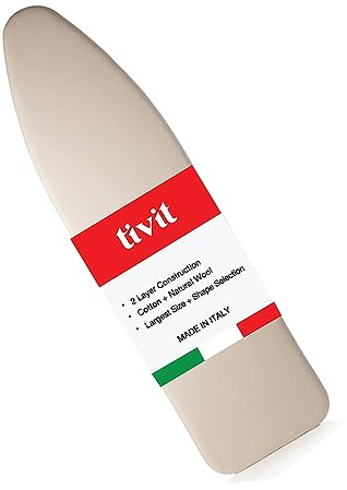 TIVIT Ironing Board Cover 15 x 54 Standard Chemical Free Eco-Friendly Padded Covers - Unbleached, Untreated Natural Cotton & Wool Pad - 2 Layer, 3 Fastener Straps, Pull Bungee Cord - Made in Italy