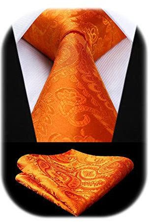 HISDERN Herren Hochzeit Orange Krawatten und Einstecktuch Klassisch Paisley Krawattensatz fur Manner