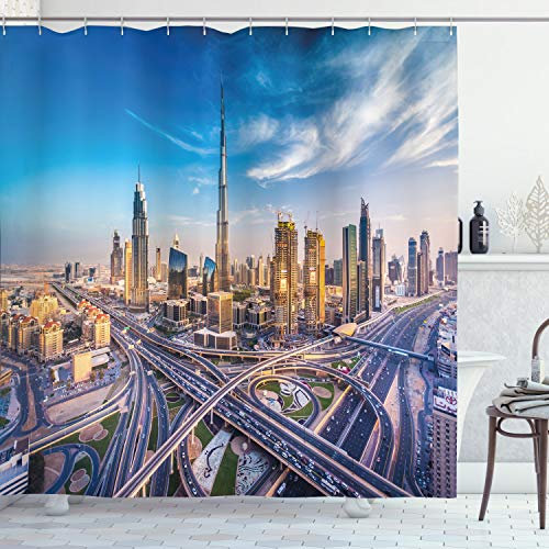 ABAKUHAUS Dubai Duschvorhang, Panorama-Dubai Verkehr, Stoffliches Gewebe Badezimmerdekorationsset mit Haken, 175 x 180 cm, Blau Elfenbein Marigold