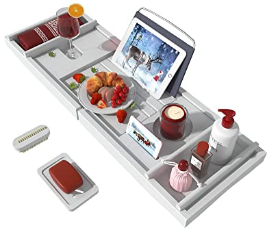 Bathtub Caddy Tray for Luxury Bath - Bamboo Waterproof Expandable Bath Table Over Tub with Wine and Book Holder and Free Soap Dish (White)