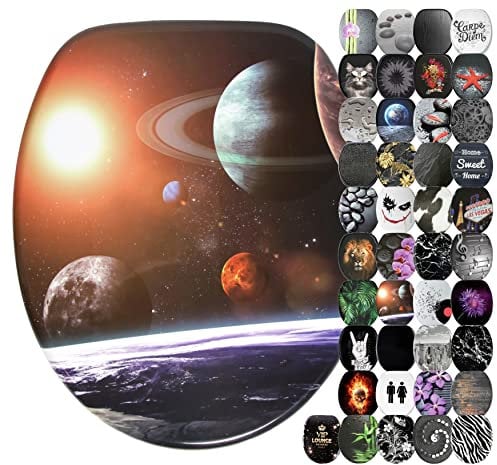 Sanilo Soft Close Toilet Seat, Wide Choice of Black Toilet Seats, Stable Hinges, Easy to Mount (Planets)