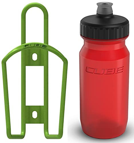 Cube HPA Cage - Matt Green & Feather Bottle - Red, 750ml / Lightweight Bicycle Cycling Cycle Bike MTB Mountain Road Water Drink Flask Bidon Bracket Mount Holder Carrier Part HPC HPP Set Accessories