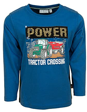 SALT AND PEPPER Jungen Langarmshirt Druck Wendepailletten Traktor Organic T-Shirt, Nautic Blue, 92/98