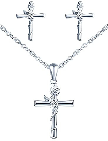 Yumilok Damen Halskette Ketten Ohrringe Ohrstecker Schmuck Sets 925 Sterling Silber mit Kreuz Rose Anhänger für Damen Mädchen