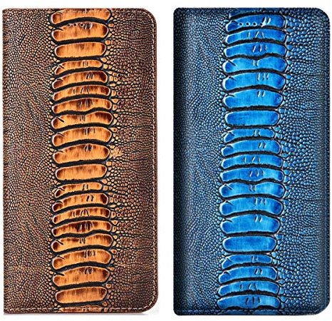 Aveuri iPhone 12 Mini Phone Case, Luxury Ostrich Texture Genuine Leather Magnetic Flip Cover Case For Apple iPhone 12 Mini 5.4 with Kickstand Card Slots (Brown)