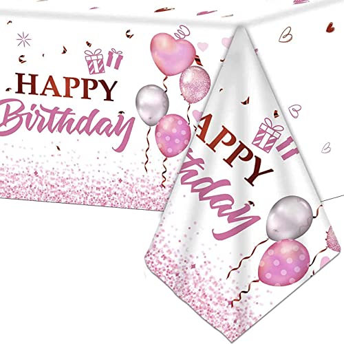 Einweg-Tischdecke mit Aufschrift Happy Birthday, 137 x 274 cm, rosa Geburtstag, rechteckige Esstischabdeckung, Kunststoff-Tischdecken für Babys, Mädchen, Frauen, Geburtstagsparty-Dekorationen