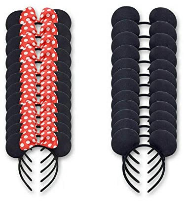 LEEMASING 24 Pack Mouse Costume Deluxe Fabric Ears Headband Boys Girls Birthday Baby Shower Party Favors Decorations(Black Red)