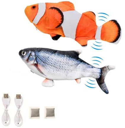 BangShou Katzenspielzeug Fisch Elektrisch mit Katzenminze Aufladbarer Interaktives Simulation Waschbares Plüsch Fischspielzeug (Karpfen + Clownfische)
