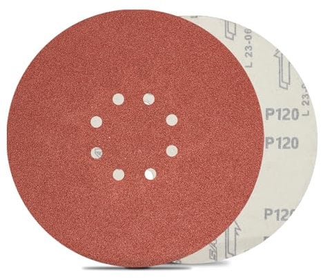 FEIHU 225 mm Sanding Disc 8 Holes P120 Grit. 9 Inch Hook and Loop Discs Sandpaper. 225mm Sanding Discs Pads,Grinding Wheels Diameter 225mm red Punched.For Drywall Sander Sanding Pads -15pcs