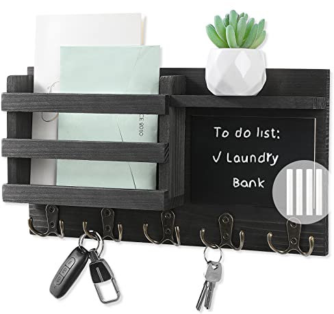 HRONRAD Key and Mail Holder for Wall, Farmhouse Wall Mounted Key Hooks with Floating Shelf,Wooden Hanging Key Organizer Storage, 5 Double Hooks and Blackboard for Entryway (Black)