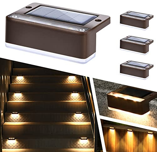 Solpex 4 lampade solari per esterni, luce bianca calda, luci solari impermeabili, illuminazione a LED per scale esterne, gradini, recinzioni, giardino, cortile, decorazione (marrone)