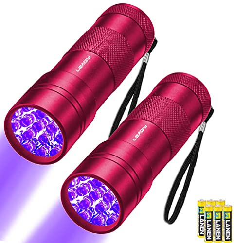 LEAGY 2 Pack 12 LED 395nm Mini Linterna UV con Pilas - Detector de Orina de Mascotas, para Detección de Billetes Falsos, Billetes de Banco, Verificación de Documentos, etc (Rosa roja)