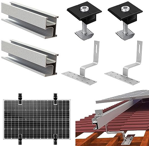 Kit de Support pour Panneau Solaire - Fixation pour Toit en Tuile, Montage avec 2 Rails, 2 Pinces Centrales de 30 cm et 2 Crochets de 3,5 cm