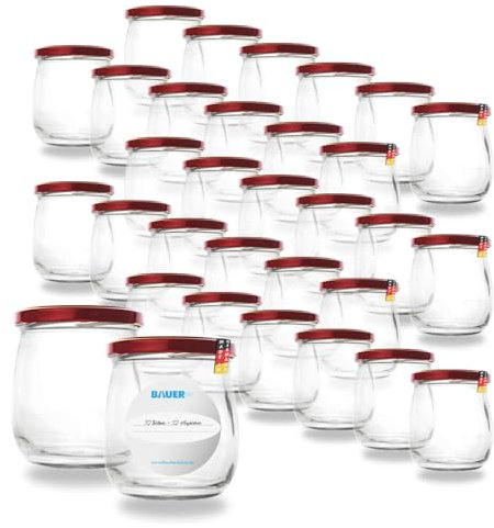 Flaschenbauer 417ml Premium Einmachgläser, 32 x vielseitige Konservengläser mit TO82 Twist-Off Deckel, inklusive Etiketten - für Marmeladen, Honig, Obst, Gemüse - Diverse Farben & Sets [Dunkelrot]