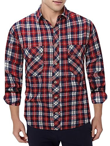 Chemise à carreaux pour homme - Chemise à carreaux - Manches longues - En coton - Décontractée - Pour les loisirs, rouge, M