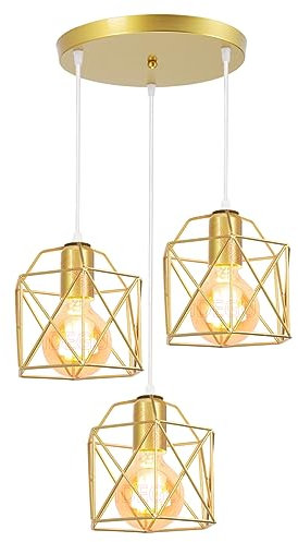 iDEGU 3-flammig Hängelampe Vintage Lampe im Industrie Design Sechseckiger Käfig-Lampenschirm aus Metall E27 Deckenleuchte Retro Pendelleuchte für Esszimmer, Schlafzimmer, Flur (Rondell, Gold)