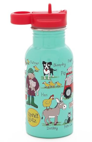 Tyrrell Katz Kids Farm Printed Drinking Bottle in Stainless Steel with Straw - Dishwasher Safe Children's School Water Flask - 400 ml