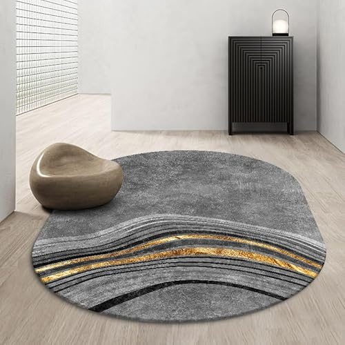 QJDTZMD Teppich für Wohnzimmer Schlafzimmer Innenteppich Abstrakte tintengraue und gelbe Linien, oval, 160 x 180 cm Kurzflor Teppich Waschbarer Teppiche