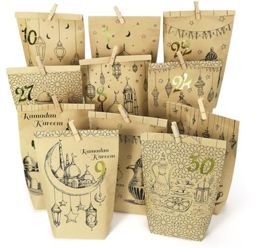 DIY Ramadan Kalender zum Befüllen, 30 Bedruckte Kraftpapiertüten, Eid Mubarak Tüten, Ramadan Geschenktüten, Ramadankalender Tüten, Geschenktüten Ramadan Dekoration Set Wiederverwendbar