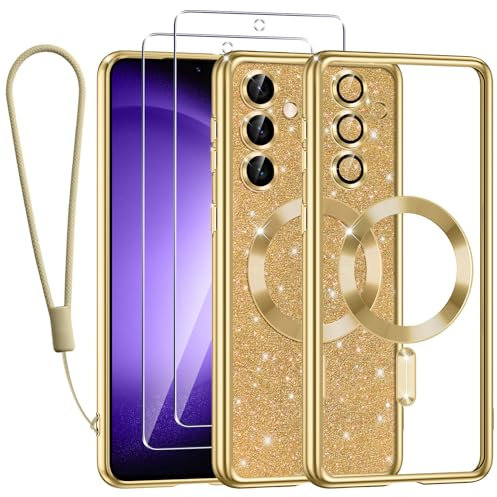 Kokio für Samsung Galaxy S23 FE 5G Hülle Mit Glitzer Karte,[Kompatibel mit MagSafe],Mit 2*Schutzfolie und 1*Handykette,Kamera Objektivschutz,Flash Handyhülle für Frauen Mädchen,Gold