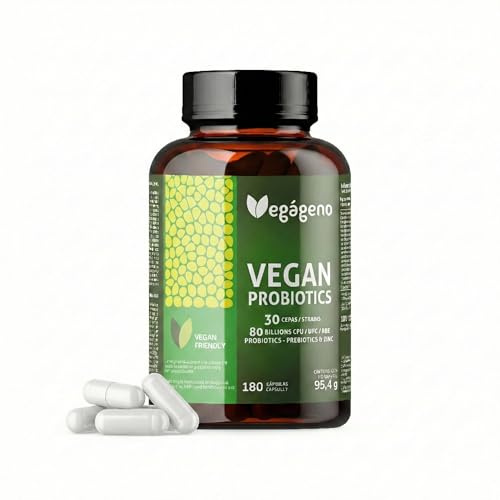 Milchsäurebakterien Komplex 180 Kapseln von Vegageno mit 30 Bakterienstämmen, 80 Milliarden KBE, Präbiotika Inulin, Zink und Vegan.