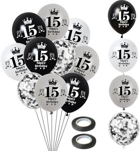 Luftballon 15. Geburtstag Jungen Mädchen Deko 14 Stück Schwarz Silber weiß Ballons 15. Geburtstag Dekoration 15 Latex Ballon Geburtstagsdeko 15 jahre Mädchen Junge Party deko
