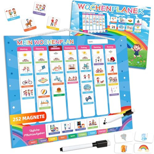 Wochenplaner Kinder - Montessori Magnettafel inkl. 252 Magnete & Kordel & Stift - Kalender Kinder to Do Liste Kinder, Tagesplan Kinder Routine - beschreib- und abwischbar - Einschulung Geschenk