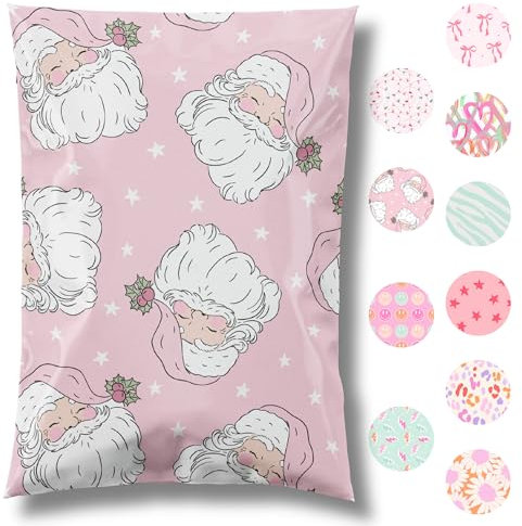 Pretty Package Store Designer-Versandtaschen für Weihnachten, Feiertage, Poly-Versandtaschen, strapazierfähig, wasserdicht, selbstklebend, groß, reißfest, niedliche Verpackung, Rosa, Weihnachtsmann,