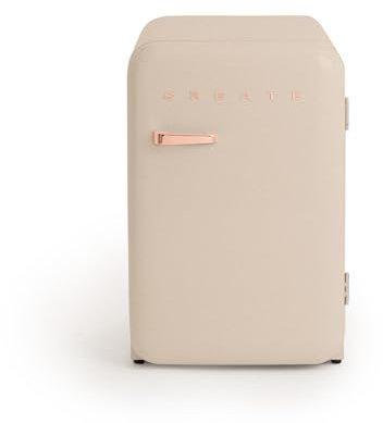 CREATE / RÉTRO FRIGO 83.5 ARGENT/Réfrigérateur sable avec poignée or rose / 98W, basse consommation, 2 étagères, régulateur de température, porte-bouteilles, 56x54x84cm.