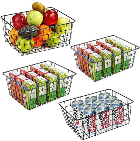 AYSUM 3PCS Large Wire Storage Baskets, Black Wire Basket, Metal Basket for Pantry, Wre Freezer Storage Baskets with Handle for Home, Office, Kitchen, Bathroom, 36x28x16cm