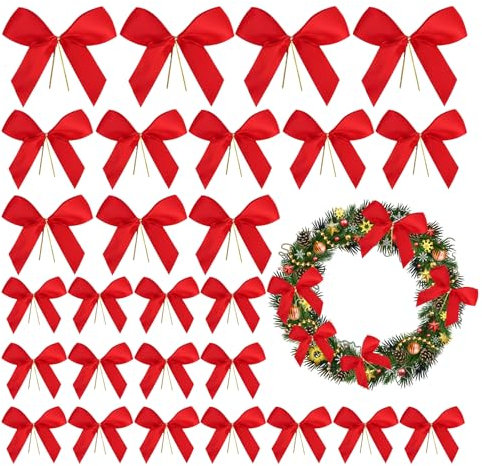 Dmnnlp 36 Stück Weihnachtsschleifen mit Goldkrawatten, Rote Schleifenbänder als Weihnachtsbaum Deko für Festlichkeiten, Hochzeiten und Feiern
