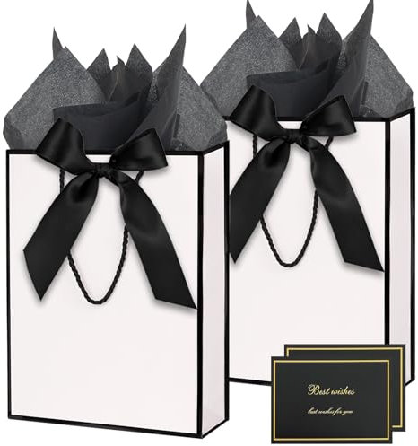 Gift Bags for Presents, 2 Pack Medium Paper Bags with Bow Ribbon Tissue Paper Cards Thank You Gift Bag with Handles for Christmas Holiday Birthday Shopping Bags(Black,White)