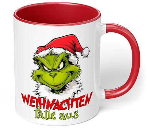 Lustige Kaffeetasse „Weihnachten fällt aus“ – witzige Grinch Figur Geschenkidee für Weihnachten - lustige Tasse - Keramik, ca. 330ml, Rot