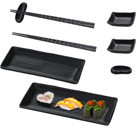 FEADBYT Sushi Platte mit Dipschalen, Sushi Geschirr mit Stäbchen, Asiatisches Geschirr Set, mit 2 Paar Essstäbchen, 2 Essstäbchenablagen, 2 Teller, 2 Dipteller