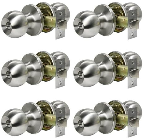 SUNTAI 6 Pack Privacy Door Knobs, Satin Nickel Round Doorknobs Interior/Exterior Lockset, Keyless Door Handle with Lock for Bedrooms/Bathrooms
