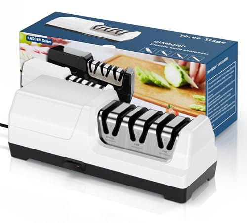 MusyVocay Affilacoltelli elettrico con diamante al 100%, affilacoltelli da cucina professionale a 3 livelli, 20 gradi, con guida angolare di precisione per sciliare, riparazione (Bianco)