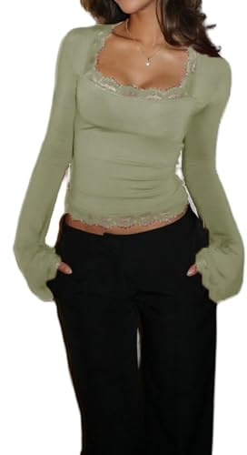 Women's Lace Trim Square Neck T Shirt Y2K Long Flare Cuff Sleeve Basic Tops Elegant Slim Fit Blouse Aesthetic Tee Shirts (Light Green, S)