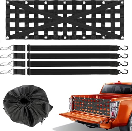 TOOSOAR Universelle Schwerlast Ladungssicherungsnetz und Gepäcknetz Auto für Pickup Heckklappe, mit 4 Verstellbaren Haken, Elastisch 20% Dehnbar, Schnellmontage​