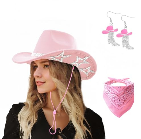 DAJOOEE Chapeau de cowgirl avec bandana et lunettes de soleil en forme de cœur | Chapeau de cowboy étoile pailletée | Chapeaux occidentaux scintillants pour homme et femme