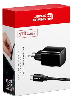 JSAUX 60W USB C Ladegerät für Nintendo Switch 2 mit TV Modus | GaN Ladegerät mit 2M USB C Kabel, Schnellladegerät Kompatibel mit Nintendo Switch/ROG Xbox Ally/Steam Deck/ROG Ally/iPhone 17