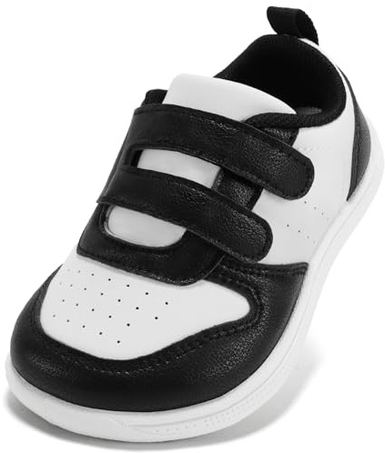 STQ Boys & Girls Trainers Toddler Wide Toe Box Barefoot Shoes School First Walking Baby Infant Lightweight for Football Kid Running Child with Non-Slip Soft Tennis Prewalker Sneaker Black White Size 9