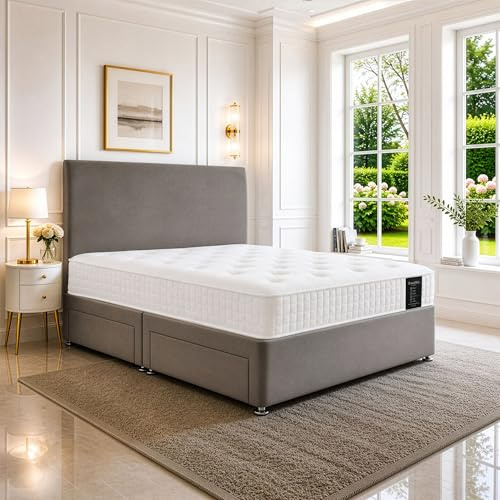 SANA SLEEP Sleek 4FT Small Double Bed with Pocket Sprung Mattress & 2 Drawers | Compact Bedroom Set | Sturdy Frame for Comfort | Chic Divan Design | Modern Spaces Furniture (Grey Plush)
