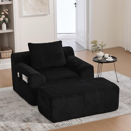 Relaxsessel mit Hocker, Loungesofa 110CM Breit, Cord Lougesessel Übergroßer Gepolsterter mit Kissen und Seitentaschen, Keine Montage Erforderlich für Wohnzimmer/Schlafzimmer/Gästezimmer, Schwarz