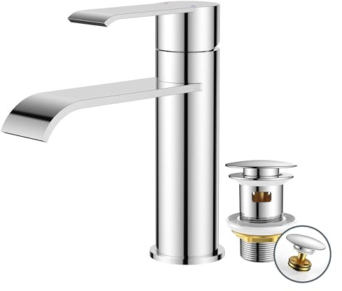 FORIOUS Rubinetto Bagno Lavabo con Piletta, Miscelatore Monocomando, Rubinetto a Cascata con Altezza Beccuccio 98MM, Design Moderno,Cromo | Rubinetto per lavabo di alta qualità con piletta di scarico, moderno rubinetto per lavabo per bagno, risparmio energetico e