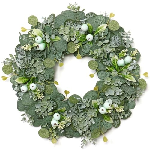 ASTNIC 46 cm Türkranz Sommer, Türkranz Ganzjährig Eukalyptus Kranz Haustür | Türkranz Außen, Kranz Outdoor Wetterfest mit Eukalyptus Beeren Grün Frühlingskranz für Wanddeko, Türdeko Haustür, Gartendeko