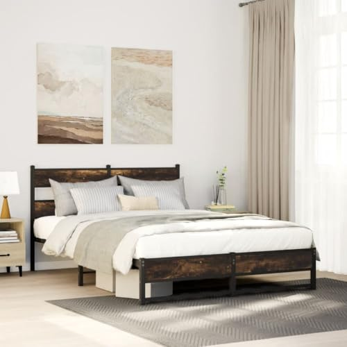Ordellia Metallbettgestell Räuchereiche 135x190 cm, Robustes Stahl Doppelbett mit Lattenrost, Kopfteil, Stauraum, für Schlafzimmer Möbel
