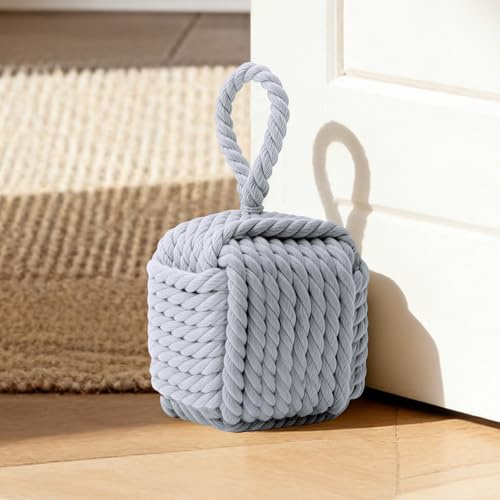 Fabric Door Stop, Heavy Cube Door Stopper for Floor, 1.75Kg Weighted Doorstop with Handle, Rope Knot Decorative Door Stops for Indoors Home, Office, Square Gray